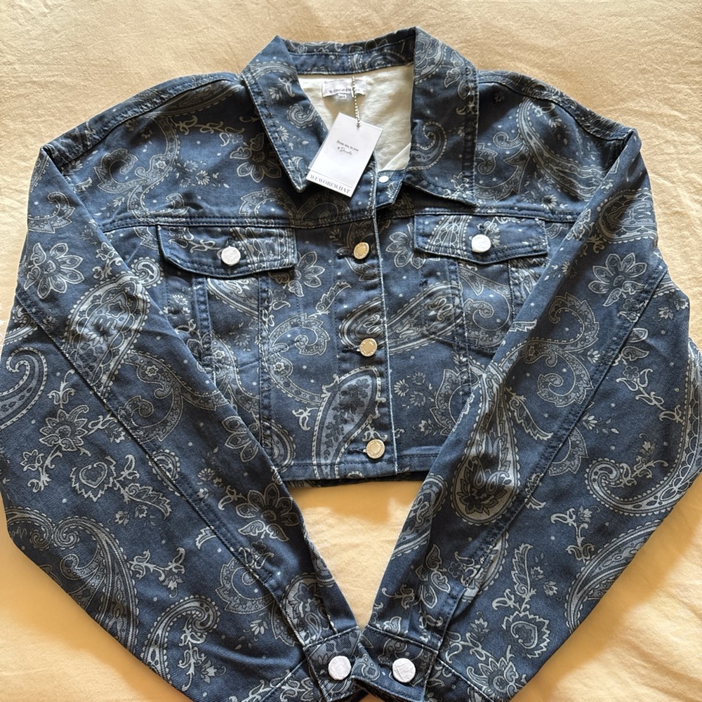 Brand New Blue Paisley Cropped Denim Jacket